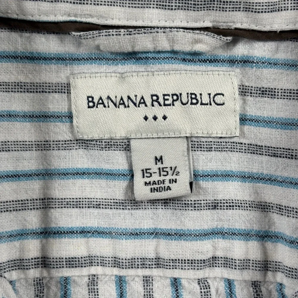 Banana Republic Mens Medium Linen Blend Striped Button Down Shirt Blue White